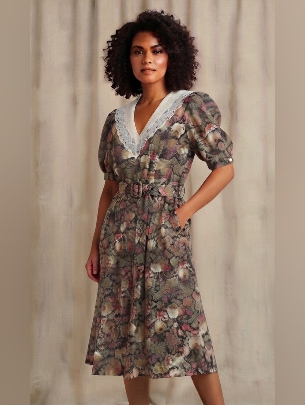 NWT Vintage 80s Floral Cottagecore Midi Dress w/ Lace Collar & Pockets Size 18